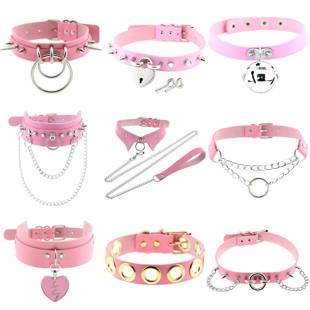 2021 колье-чокер из искусственной кожи в стиле панк розового цвета с шипами и заклепками, воротник с шипами, сексуальный воротник, готические цепочки для вечеринок, косплей