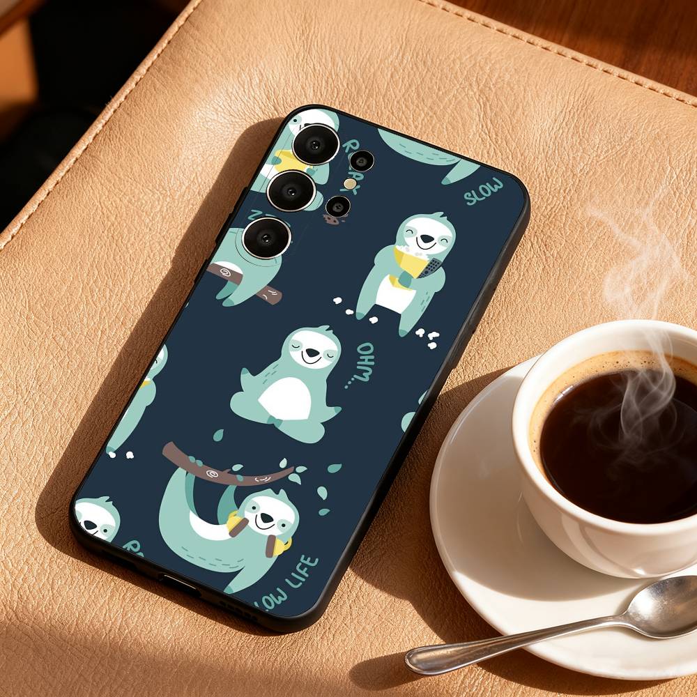 Cute Lazy Sloth Cozy Phone Case For Samsung S26,S25,24,23,22,30,21,10,9,Ultra,Plus,Lite,FE Soft Black Case