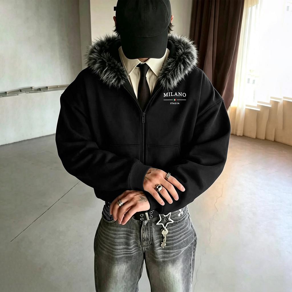 Осенне-зимний плотный кардиган с капюшоном и отделкой из меха, оверсайз, с опущенной линией плеча, с рельефной резинкой по низу – Модный, универсальный предмет верхней одежды