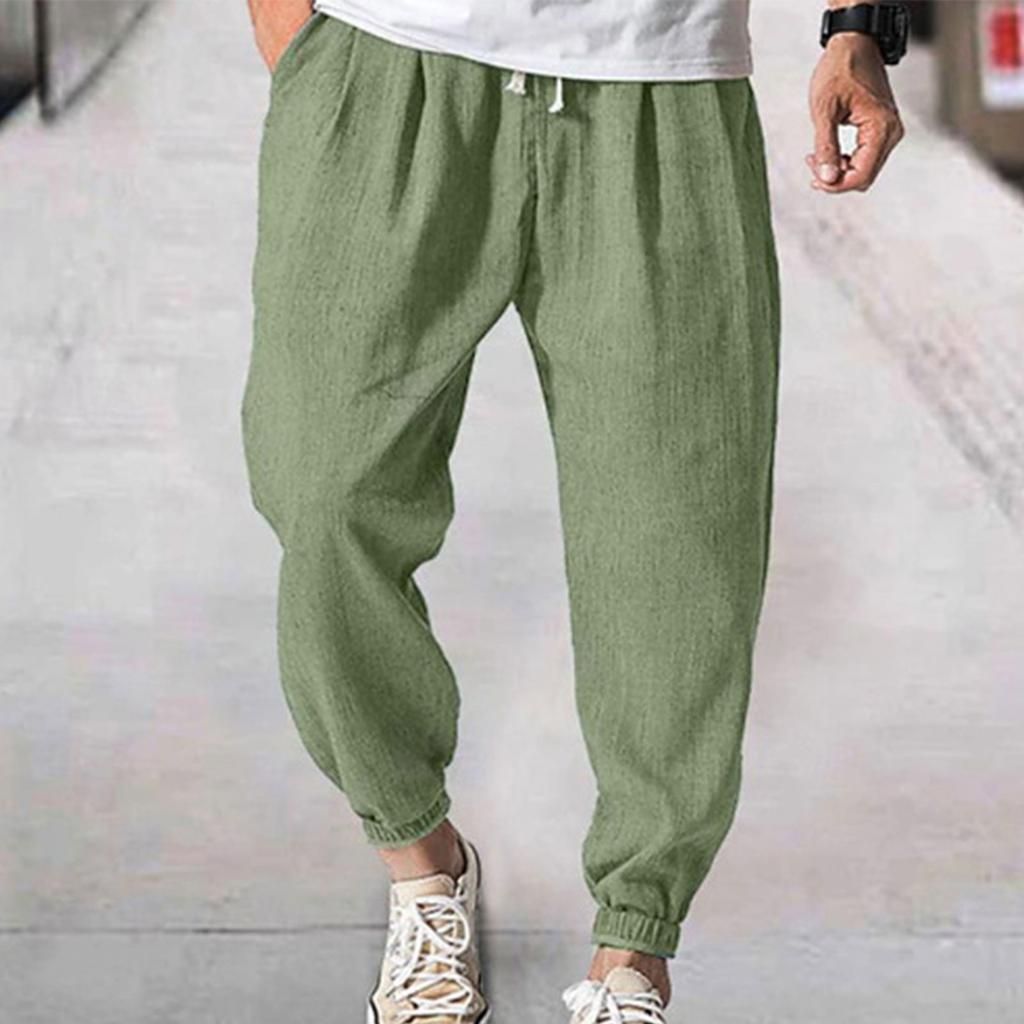 Men's Linen-Cotton Casual Trousers - Elastic Waist Drawstring, Breathable, Ankle-Cuffed Solid Color Pants