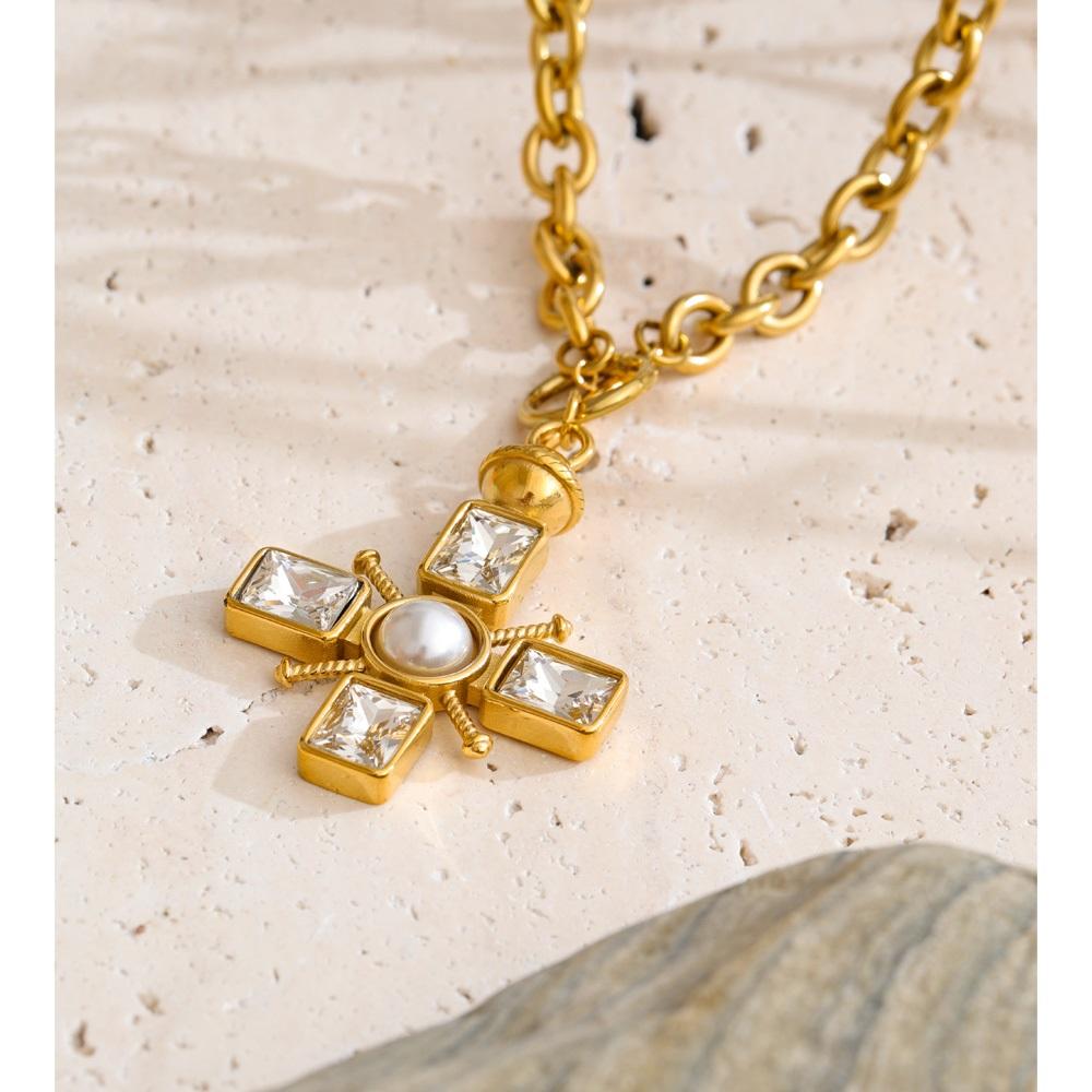 Stainless Steel Pearl Cubic Zirconia Cross Classic Necklace Pendant Hot Style Delicate Stylish Chic Jewelry
