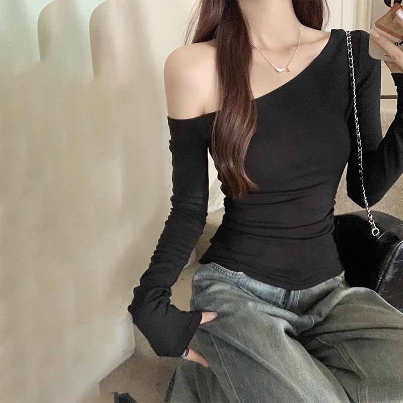 Off Shoulder Sexy Navy Blue Long Sleeve Tee Women Early Autumn Brightening Ruffle Waist Base Layer Top