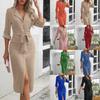 Women's Casual Button Down Belted Wrap Dress with Split Hem, Short Sleeve, Multiple Colors