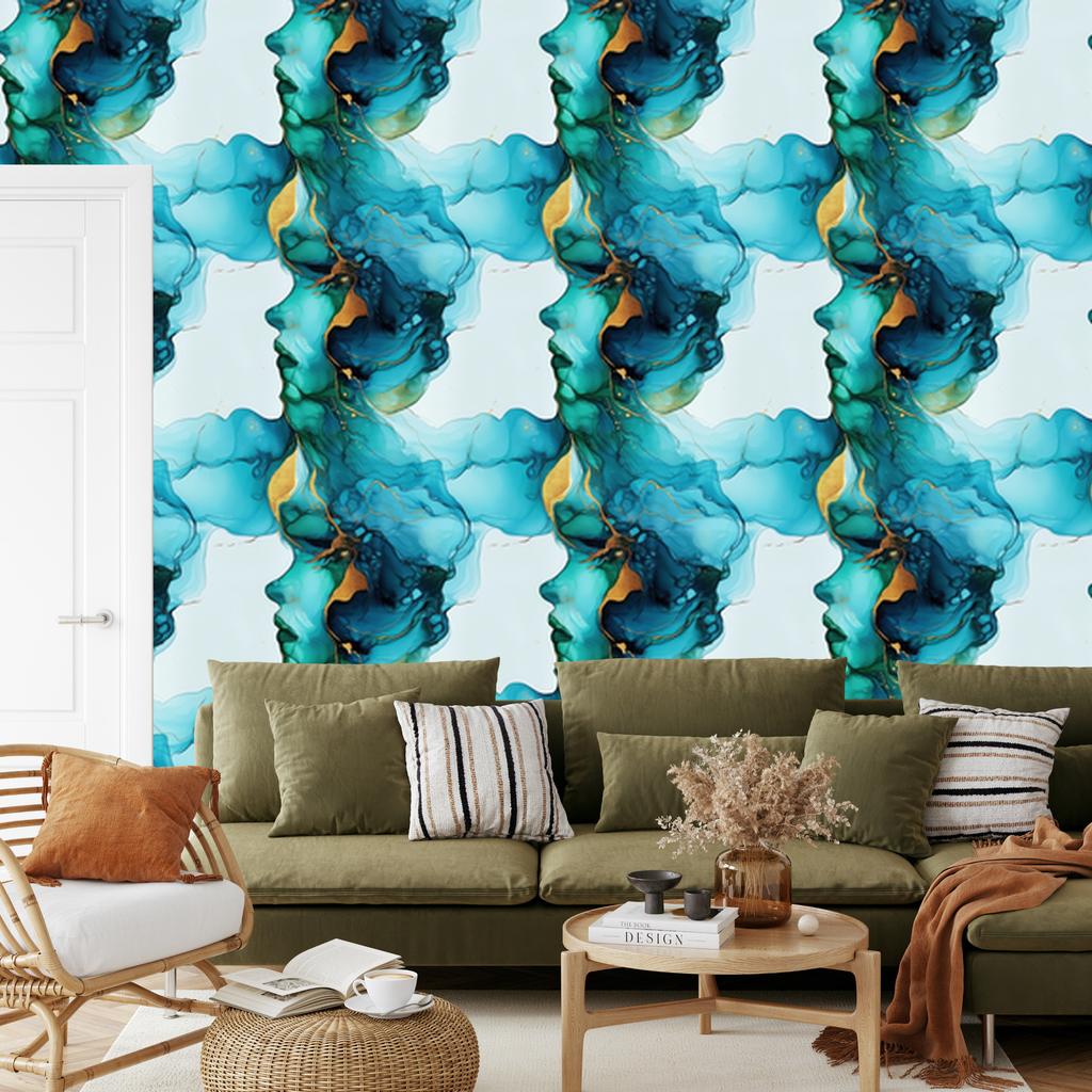 Wallpaper Ink turquoise, white, celadon and sea green 50x1000