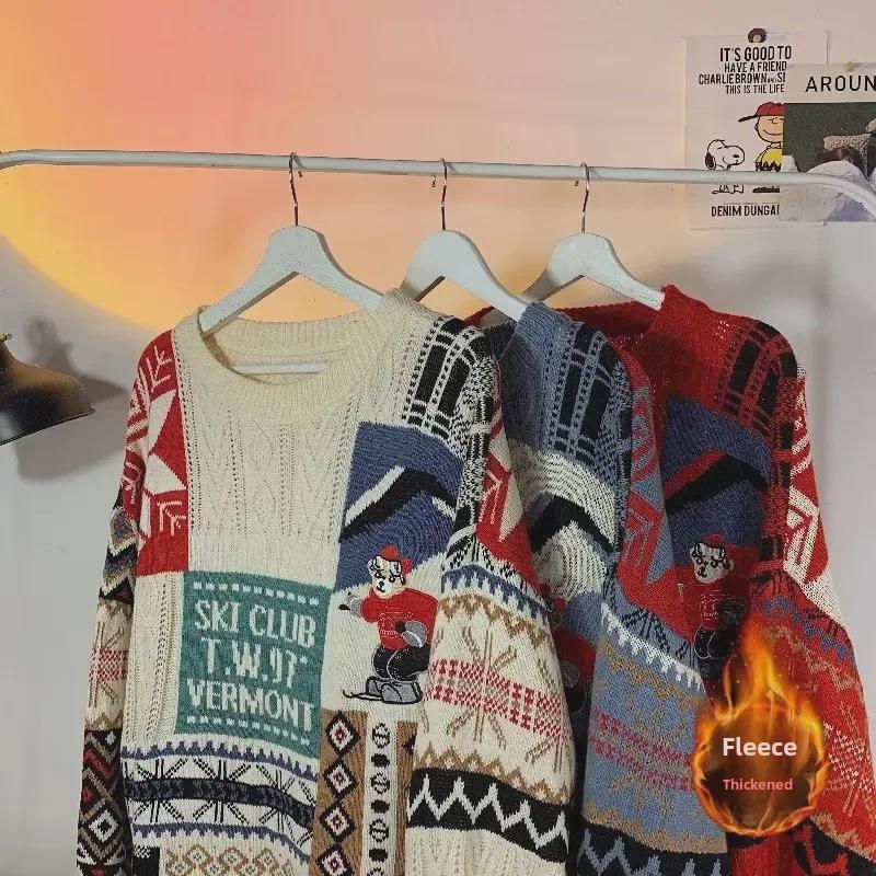 Men's Winter Retro Embroidered Bear Sweater: Loose, Warm, Plus Velvet Knitted Design for Couples