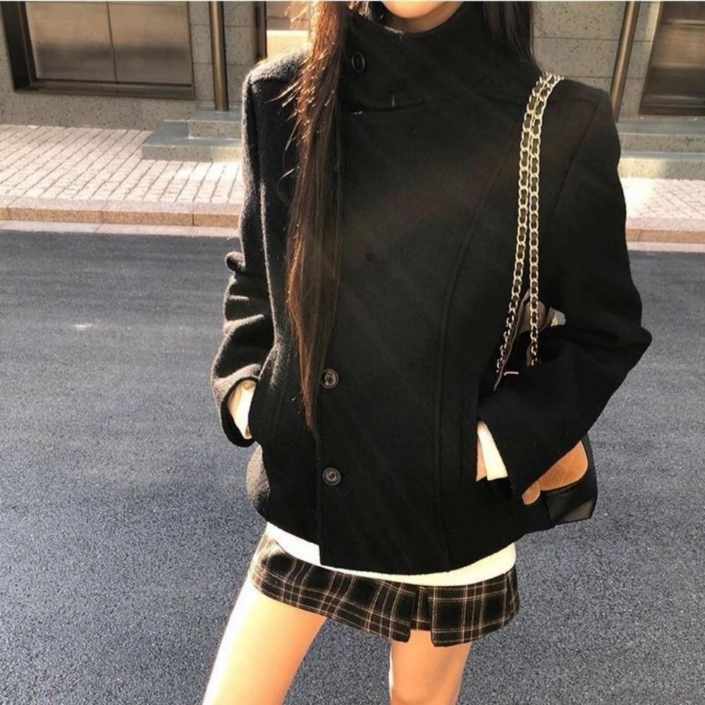 Solid Color Turtleneck Coat Stand Collar Cardigan Coat Hip-Hop Thick Coat Street Style