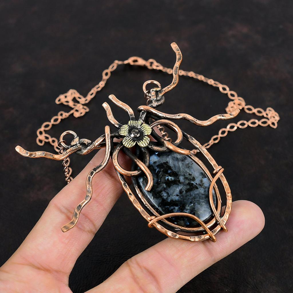 Ожерелье из ларвикита, ожерелье из медной проволоки с драгоценными камнями, регулируемое ожерелье из медной цепочки, ювелирные изделия ручной работы из камня по рождению, свадебные подарки