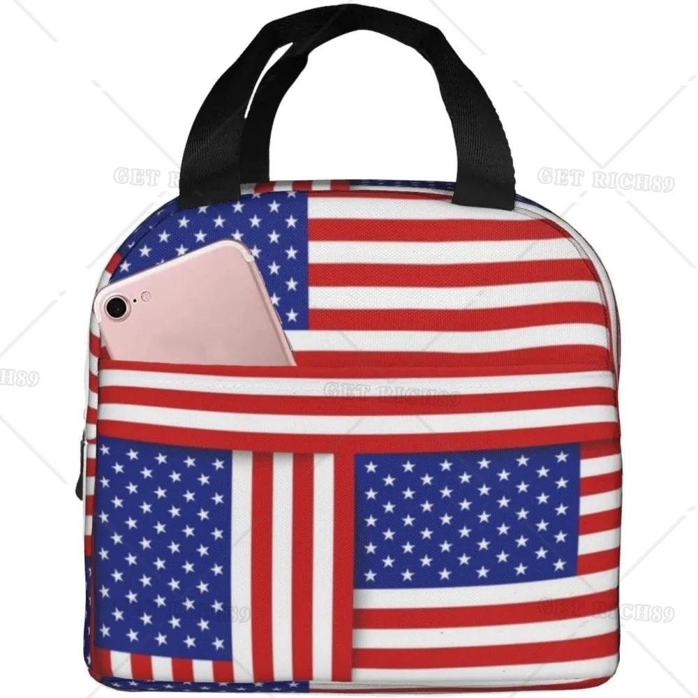 Сумка-тоут с американским флагом для обеда для женщин и мужчин, многоразовый изолированный контейнер для обеда-холодильника с карманом для работы в офисе