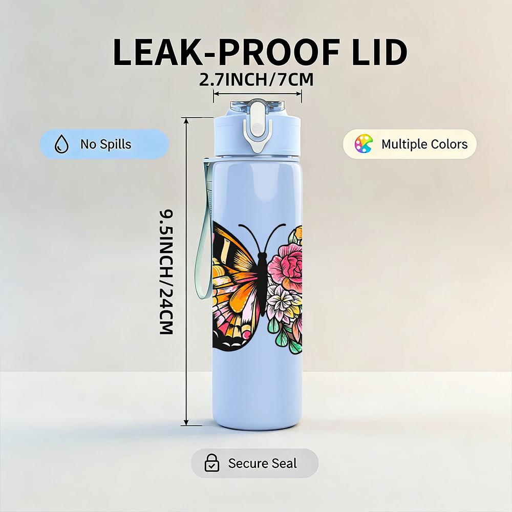 1PC Mixed Floral Wing Butterfly 750ml Color Plastic Sports Water Bottle Leakproof Flip Straw Lid Suitable for Sports Office Home Use