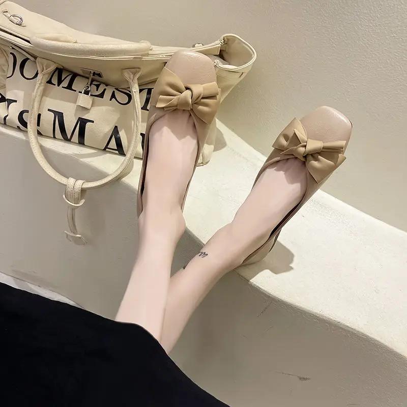 Женские балетки с бантом Низкий каблук Элегантная обувь для женщин Квадратный носок Платье Скидка Дешевая Ликвидация 2025 Лето Шик Стильный Y2k