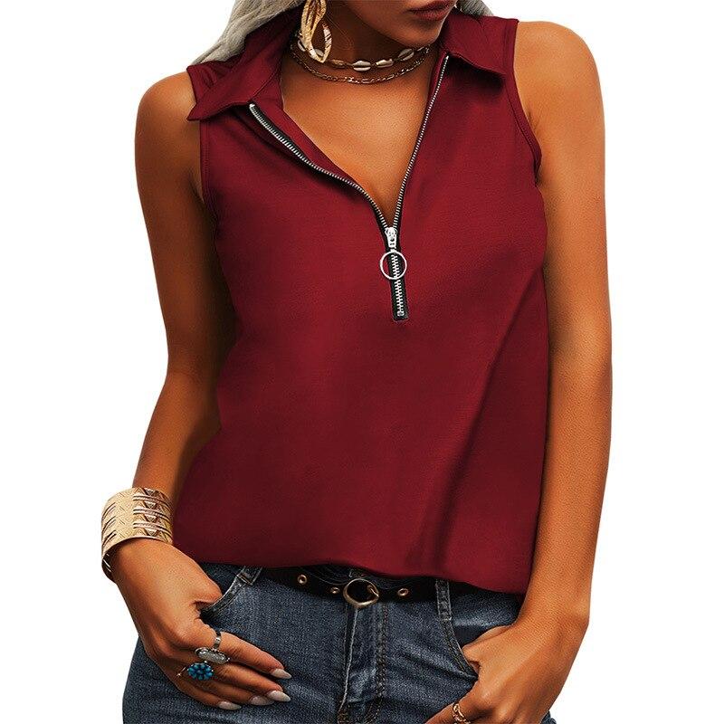 Майка-топ, рубашка, модная женская летняя жилетка, повседневная молния, топы, сексуальные, с V-образным вырезом, однотонные, без рукавов, майка, блузка, одежда, Blusas 25790
