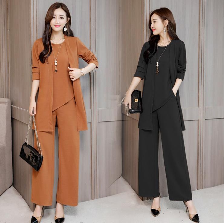 Весна, лето, осень, женские модели, свободный повседневный комплект из трех предметов, с круглым вырезом, короткими рукавами и длинными рукавами + свободные широкие брюки