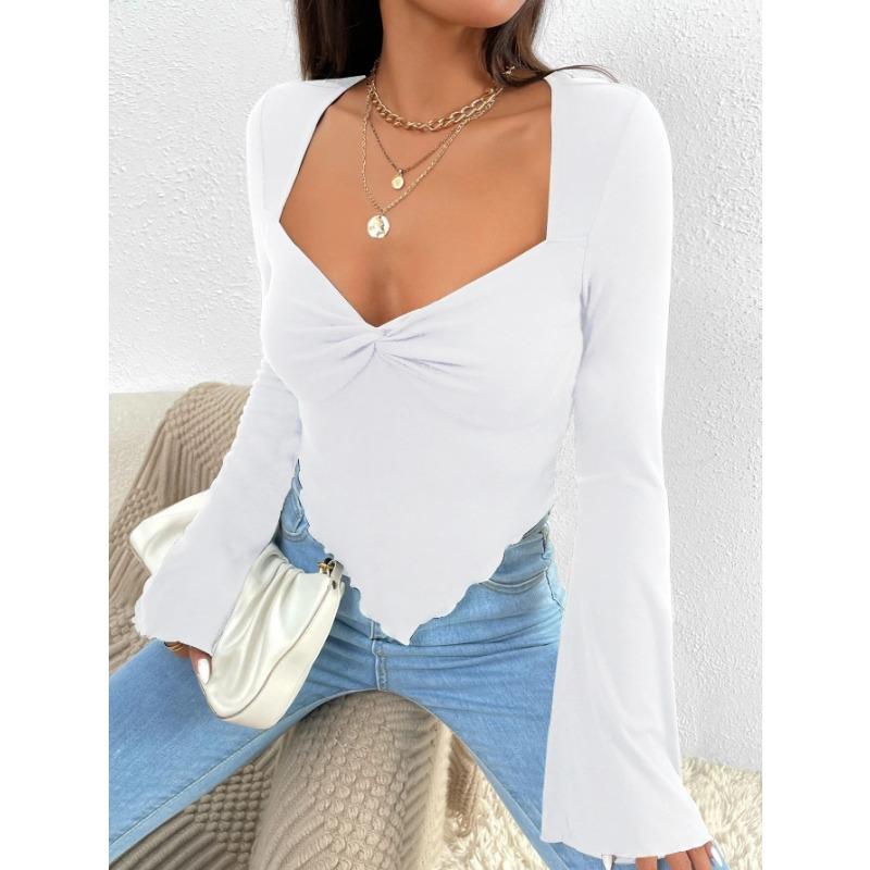 Women's T-shirt Vacation V-neck Trumpet Sleeve Waist Irregular Knitted Long-sleeved T-shirt Top