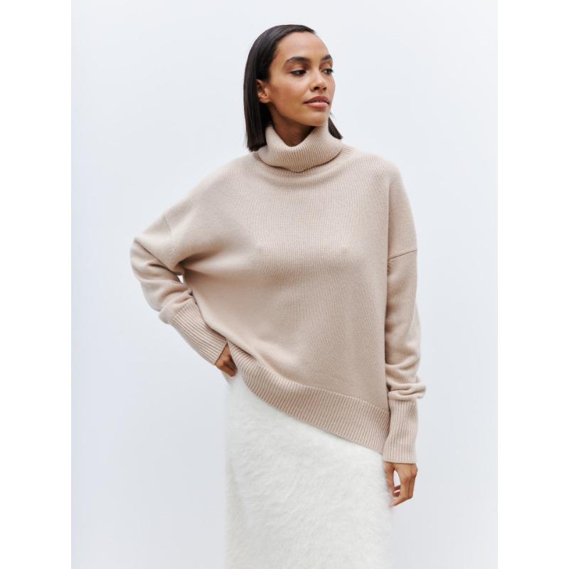 DAFIFY Women's Fashion Casual Fall Winter Solid Color Print Long Sleeve High Neck Sweaters