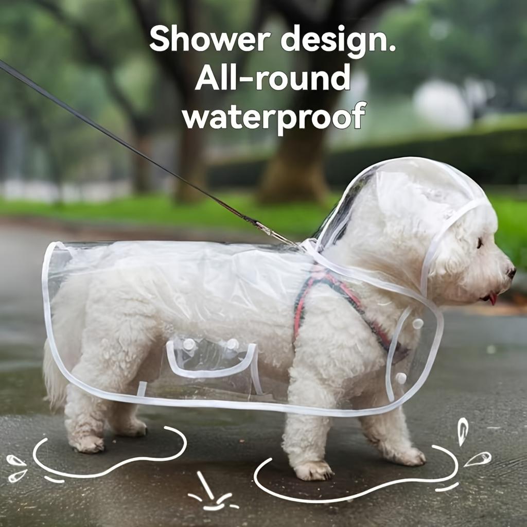 Transparent PVC Dog Raincoat, button-up design for small to medium breeds. Perfect for Teddy, Bichon Frise and rainy outdoor walks.
