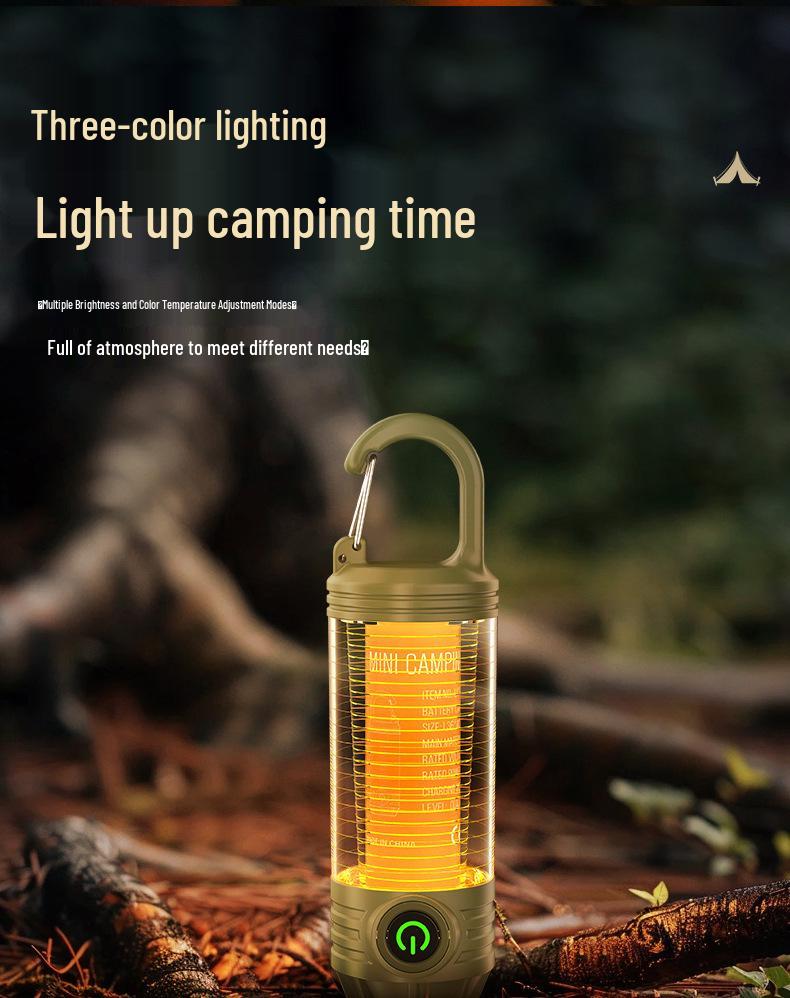LED Camping Lantern with Three-Color Modes, Type-C Charging, Emergency Flashlight, and Atmosphere Light