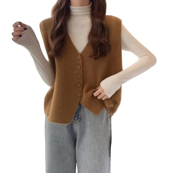 Осень-зима Женский жилет с V-образным вырезом на пуговицах Однотонный свободный трикотажный толстый сохраняющий тепло свободный свитер без рукавов