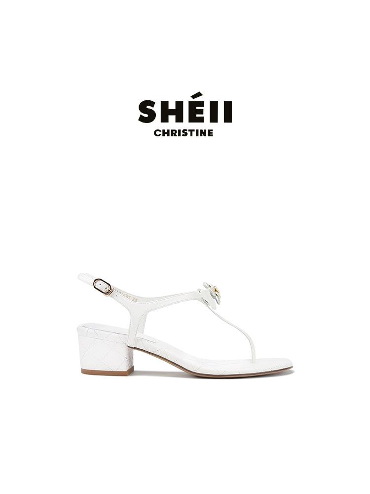 Su Yinyin Has the Same Xiaoxiangfeng Camellia Bow Toe Sandals, Soft Leather Versatile One-word Belt Flat Shoes, Women's Summer