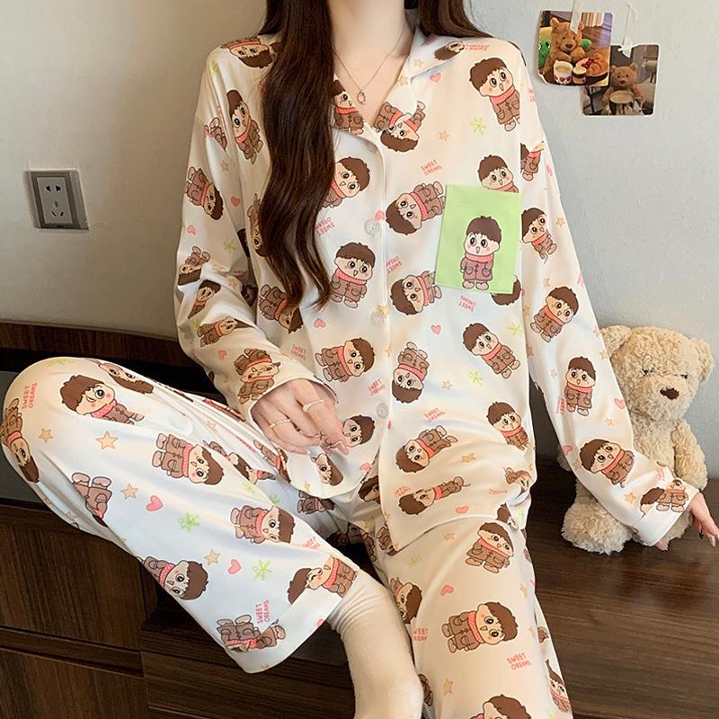 American retro style cardigan pajamas women's spring new long-sleeved trousers spliced plaid loungewear can be worn outside