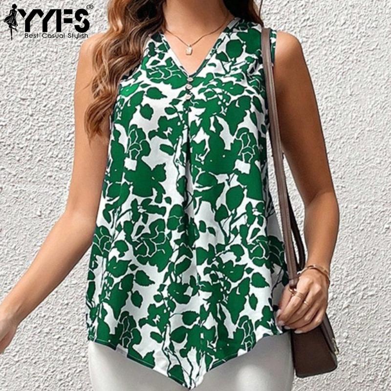 YYFS Women's Fashion Casual Summer Spring Flower Pattern Print Sleeveless V-Neck Blouses & Shirts