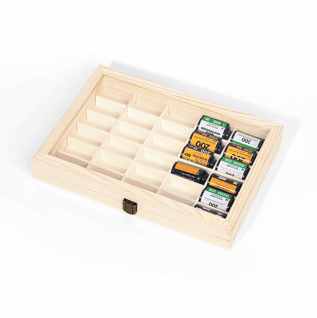Film Roll Display Case for Safe Storage and Viewing Dustproof Wooden Storage Box with Lid Film Canister Collector