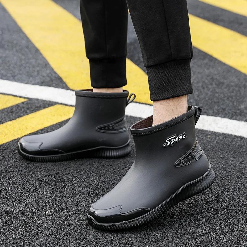 Черные мужские резиновые сапоги весна-осень мужские ботильоны водонепроницаемые для рыбалки болотная обувь автомойка рабочая обувь слипоны пластик 2024