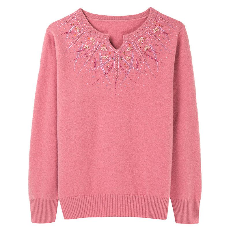 Cashmere Knitted Sweater Embroidered with Diamonds, Women's Loose Oversized Base Sweater