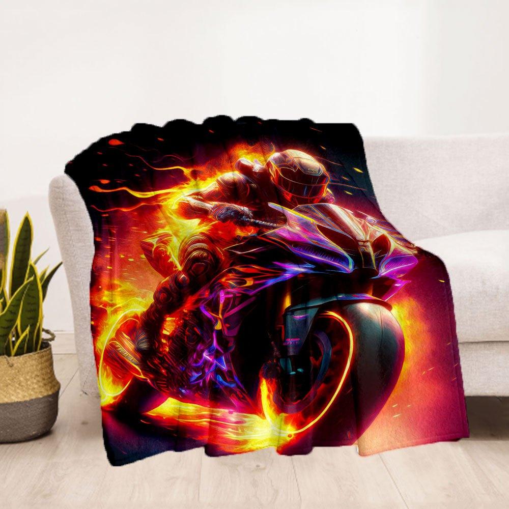 "Flaming Speed: Neon Motorcycle Art Print"Blanket Flannel Throw Blanket for Sofa, Bed, Travel, Camping, Office, Couch, Chair, And Bed Gift f
