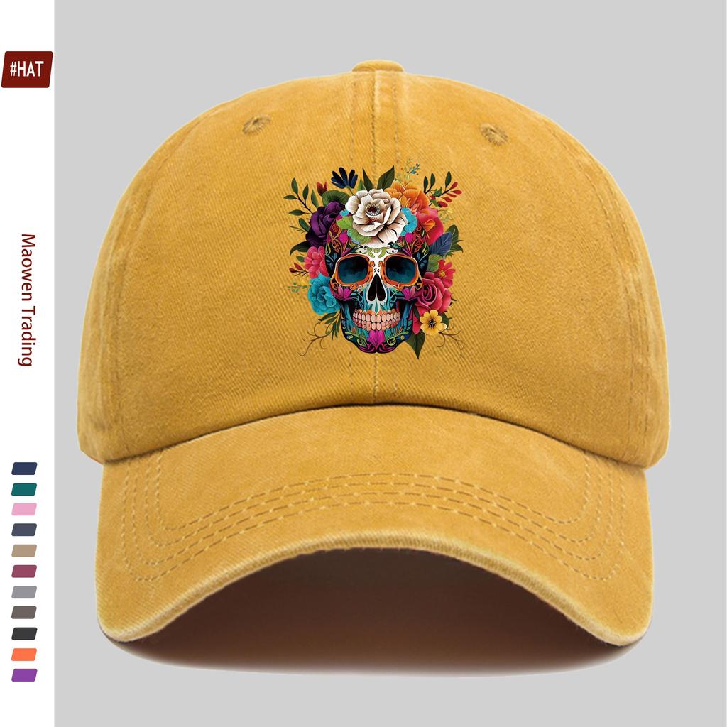 pc Vibrant Day Of The Dead Skull With Floral Print Baseball Cap Adjustable Buckle Closure Lightweight Polyester Ideal For