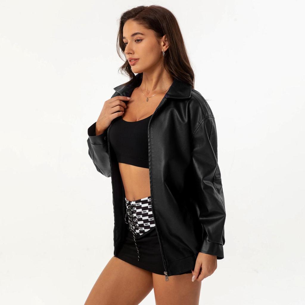 Осень-зима Женская приталенная куртка из искусственной кожи с воротником-лацканами и длинным рукавом на молнии