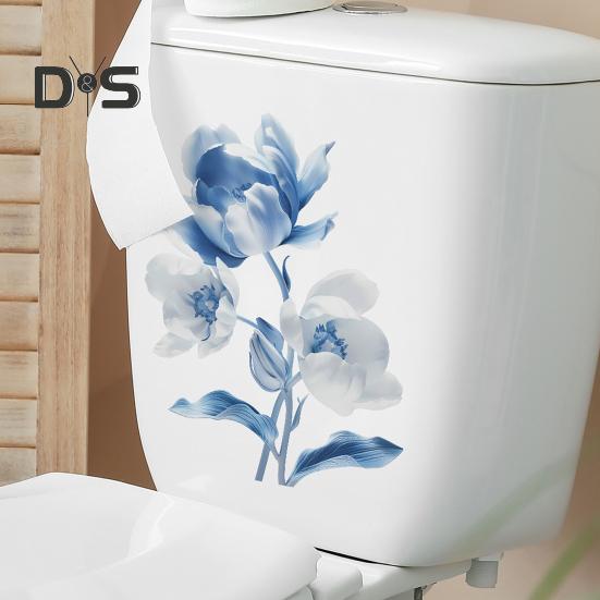 Наклейка на унитаз с синим цветком, съемная самоклеящаяся водонепроницаемая наклейка из ПВХ для гостиной, ванной комнаты, стены искусства, украшение для крышки унитаза с цветочным принтом