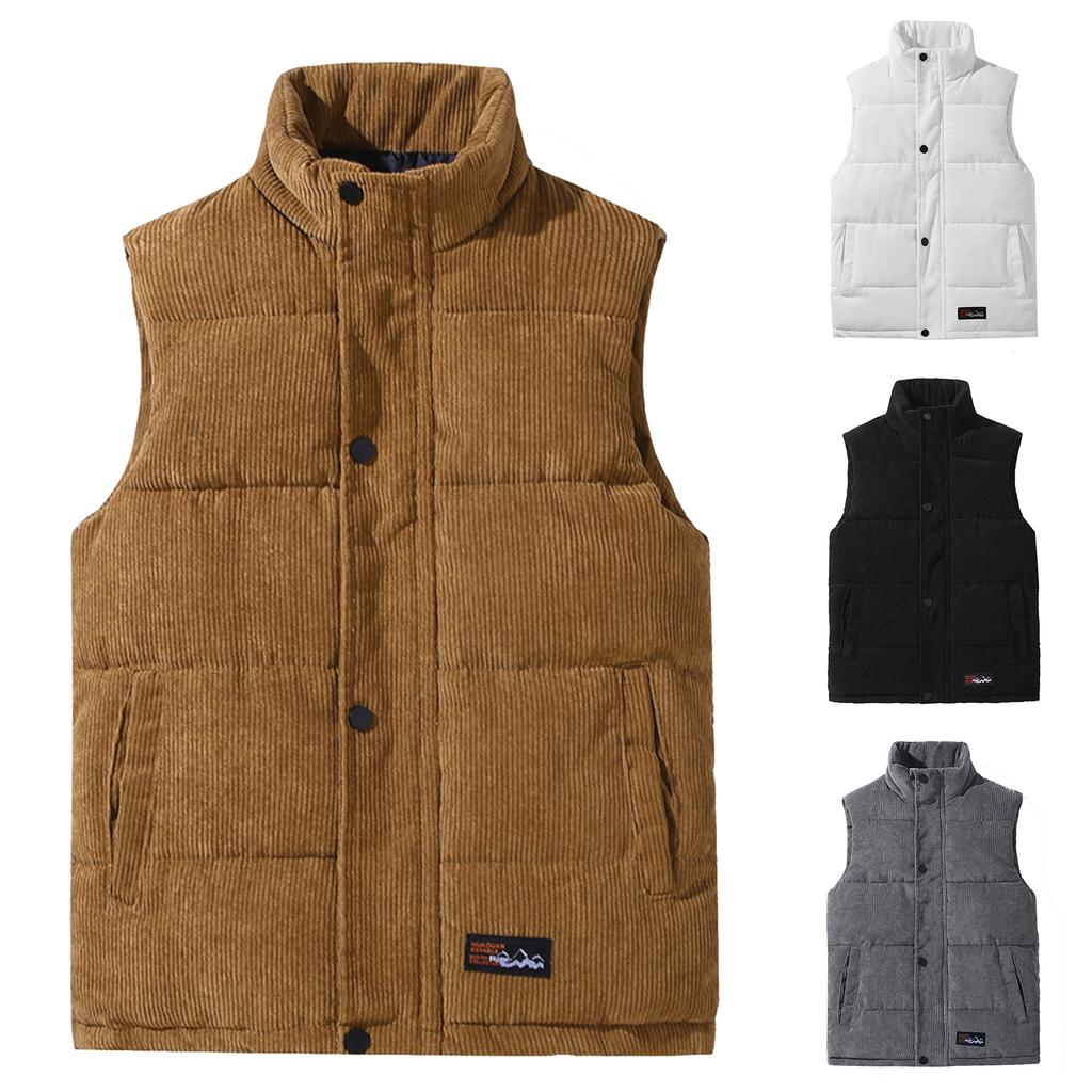 Men's Casual Solid-color Down And Cotton Button Vest Men's Stand-up Collar Corduroy Sleeveless Vest Jacket