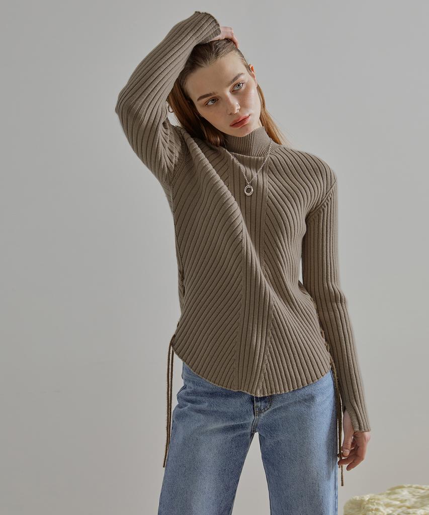 ETMON Slit Sleeve Side Strap Knit Top Mocha