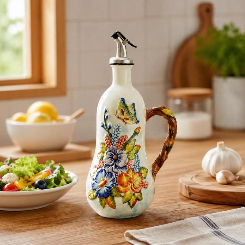 Керамическая бутылка для уксуса и масла ручной работы с боковой ручкой, дозатор для приправ для сервировки домашнего обеденного стола
