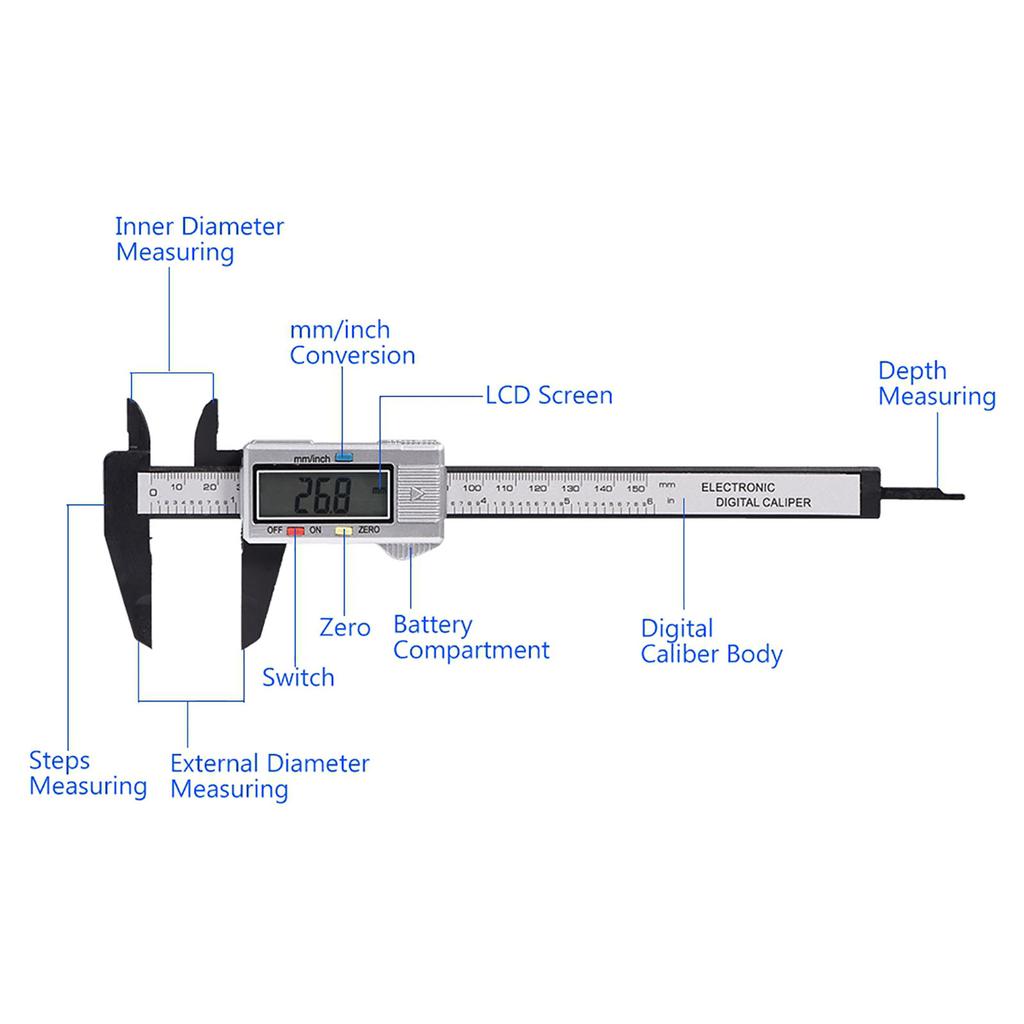 Цифровой штангенциркуль с очень большим ЖК-экраном для измерения глубины внутри и снаружи (Серебряный)