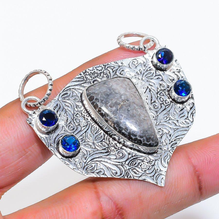 Natural Stingrey Coral, Iolite 925 Sterling Silver Jewelry Pendant 2.01" ZS-297