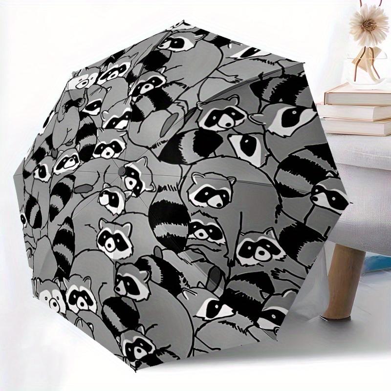 1pc Raccoon Pattern Automatic Open/Close Umbrella - Compact Travel Umbrella, 8-Rib Heavy-Duty Construction, Ideal Gift, Outdoor Accessory046