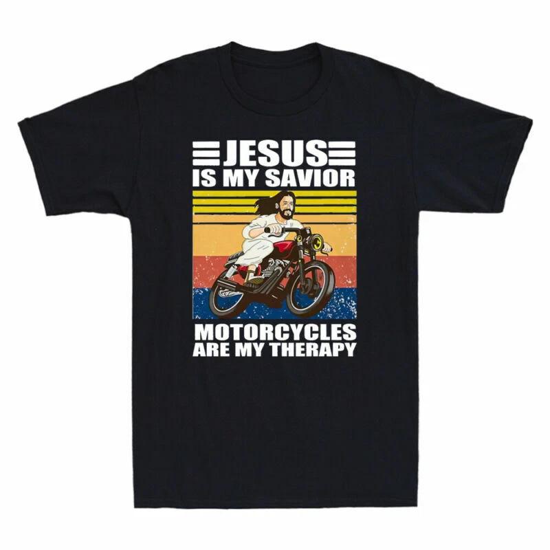 Retro Jesus Is My Savior Motorcycles Are My Therapy Vintage Men's T-Shirt Black