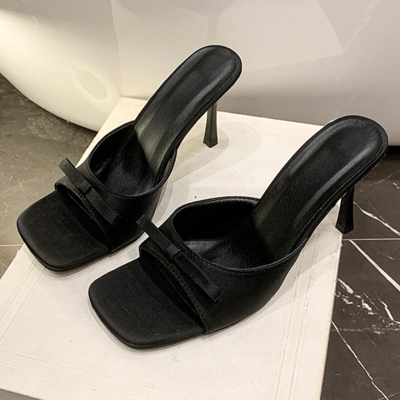 Fashion Women Bow Slippers Square Toe High Heels Shoes Fashion Shallow Pumps 2025 Summer Dress Sandals Designer Slides Mujer Zapatillas