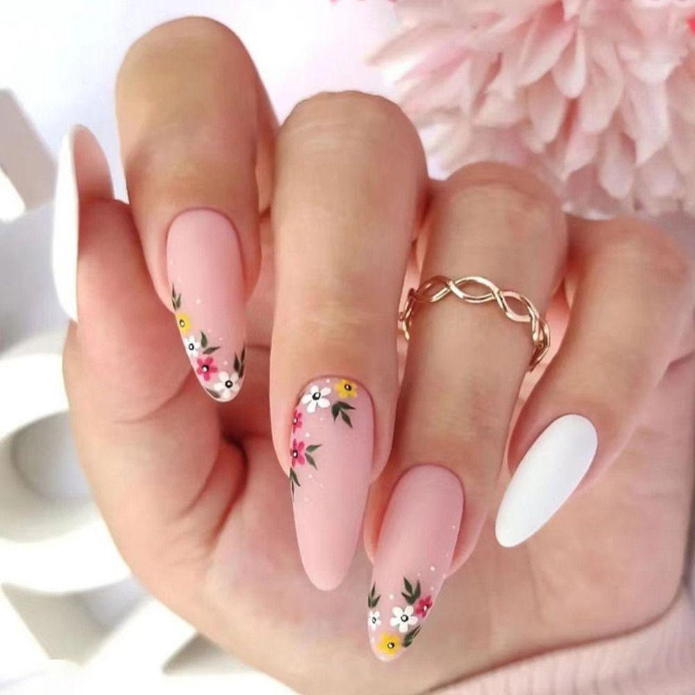 Long Almond Fake Nials Flowers Press On Nails Manicure Nail Tips Women