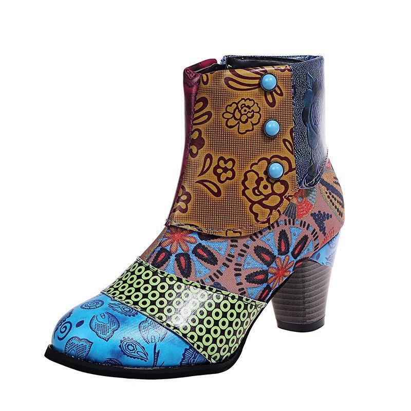 Chic Floral Ankle Boots for Women Effortless Side Zip Closure Comfortable Chunky Heel Versatile for All Occasions