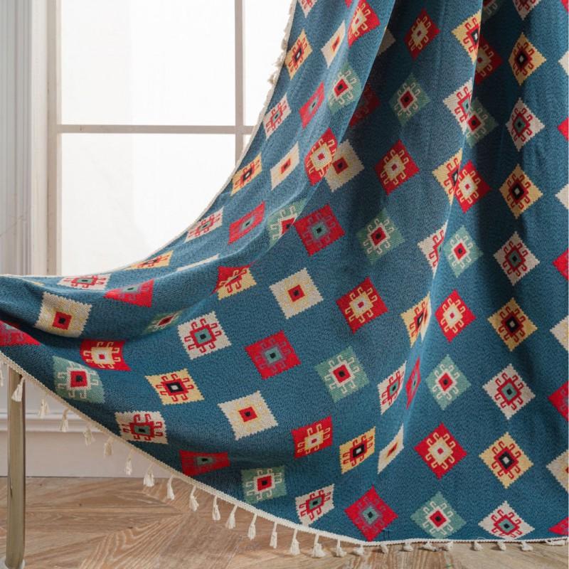 Blue Geometric Jacquard Sheer Curtain With Tassels Semi-Blackout Kitchen Bay Window Living Room