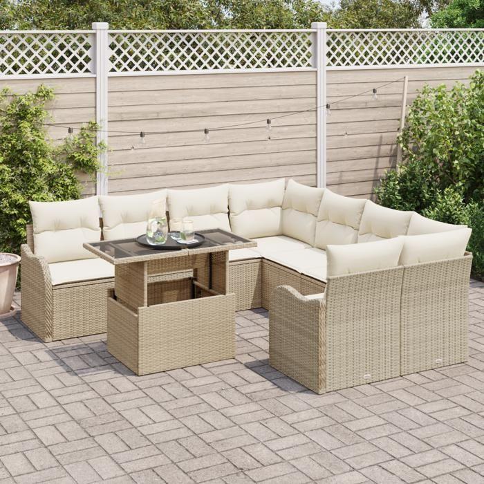 Ensemble de Sofa de Jardin 9 Pièces avec Coussins Poly Rattan Beige, Sofa de Jardin 2 Places avec Rangement et Coussins Poly 3357174