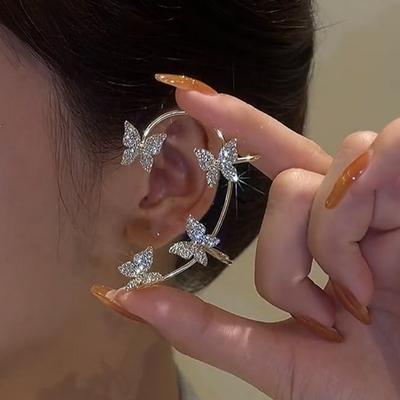 Серебристые позолоченные серьги-бабочки для ушей, поддельные серьги для пирсинга для женщин, блестящие циркониевые серьги-манжеты, клипсы, модные украшения