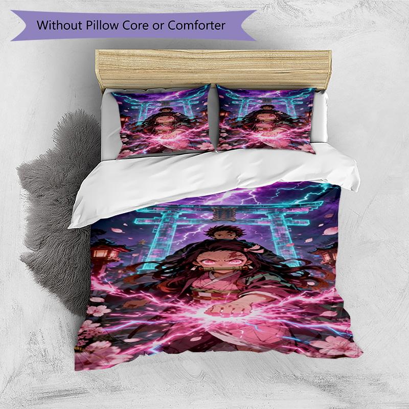3pcs Duvet Cover Set (1*Duvet Cover + 2*Pillowcase, Without Core), Demon Slayer Print Bedding Set, Bedroom Decor, All‑Season, Birthday Gift