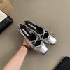 Women Silver Bow Square Toe Ballet Shoes Summer Design Heel Women Fashion Dress Singbacks Shoes Ladies Outdoor Leather Sandalias