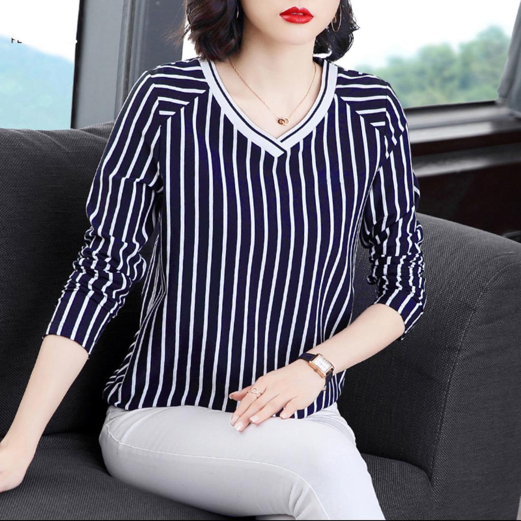 Autumn Winter New Slim Long Sleeve Top V-Neck Striped T-shirt Women's Loose Versatile Bottoming Shirt M-5XL