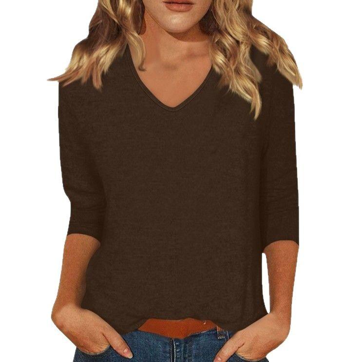 Women's Daily Versatile Casual V-Neck Solid Color Seven-Sleeve T-Shirt Top