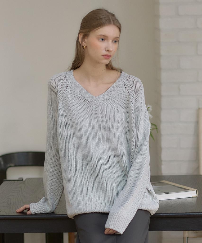 OURHOPE Linen V-Neck Sheer Knit - Grey