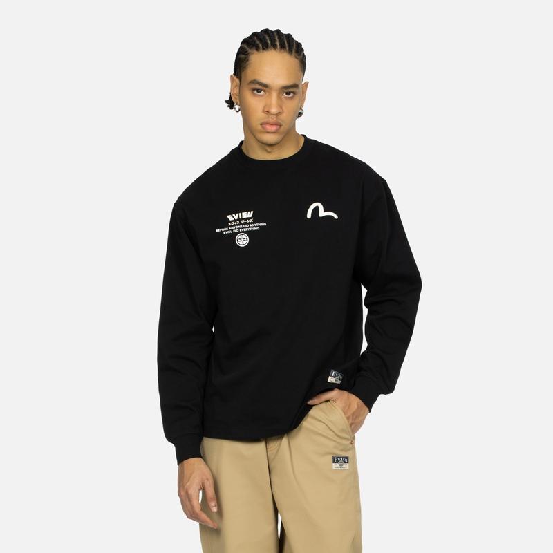 Evisu Мужская футболка с длинным рукавом SS24 с принтом «Японская волна и семейный цветочный узор» Топы Черный 2ESHTM4TL7063RXCT